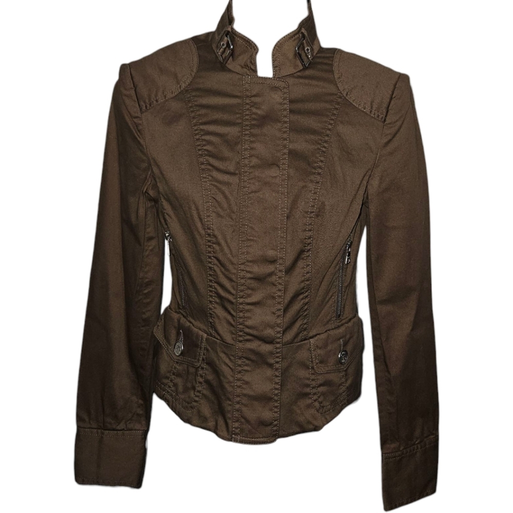 Express Design Studio Buckle Collared Zip/Button Jacket W/ Shoulder Pads